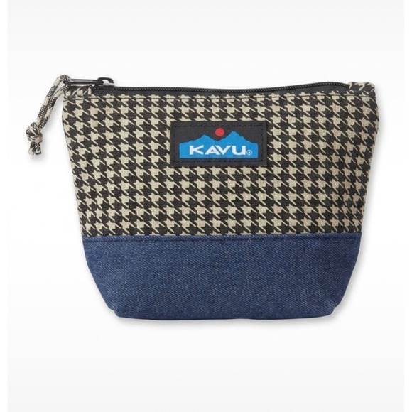 Kavu Handbags - KAVU Pixie Pouch Houndstooth and Denim Accessory Makeup Bag Black Tan Blue